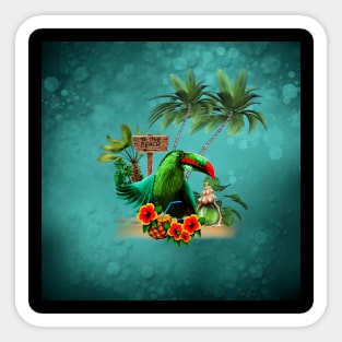 Tropical design with cute toucan with a drink and palm trees Sticker